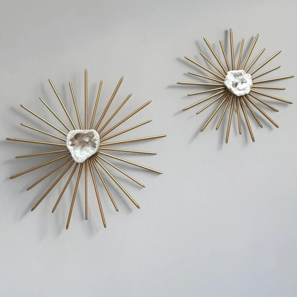 Gold MCM Metal Sunburst Wall Art Set Natural White Quartz Geode Centers 2pc